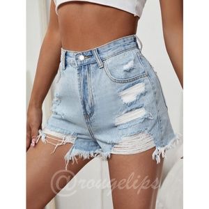 Light Wash Blue Denim Shorts Distressed Ripped High Waist Raw Hem